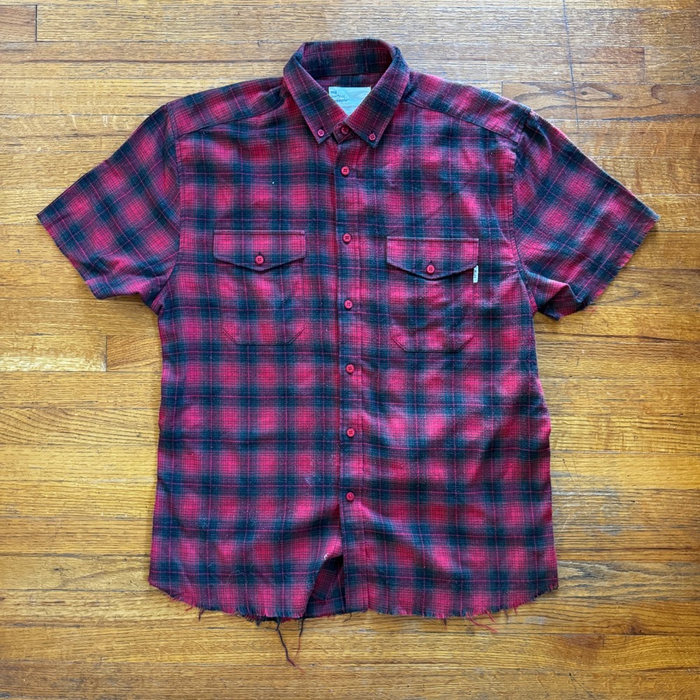 EPTM Mens Red Black Plaid Short Sleeve‎ Button Up Shirt Size M